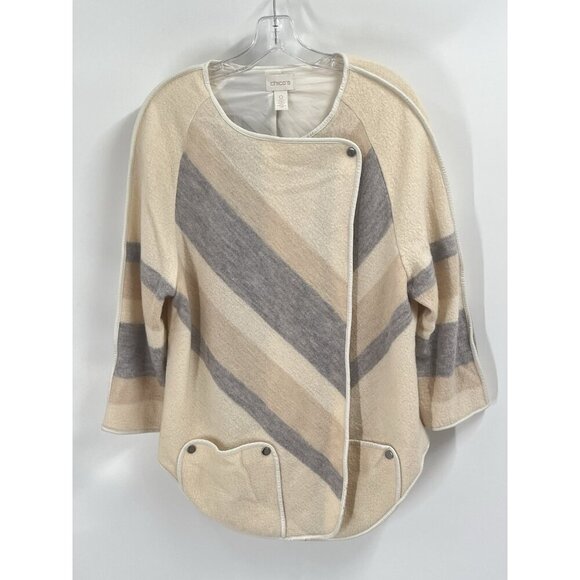 Chicos Yarn Dye Boiled Wool Jacket Ivory Neutral Classic Sz 0 Sz XS - Picture 4 of 9